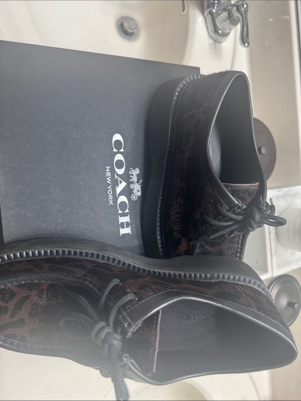 COACH woman’s Black and Dark Brown leopard plush platforms Lace-Up Dress Shoes